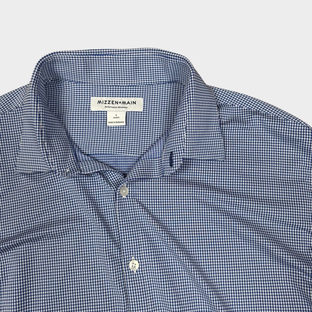 Mizzen+Main Mens Large Blue Gingham Button-Up Performance Dress Shirt Stretch